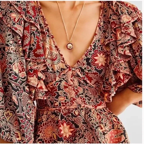 House of Harlow 1960 Jaipur Print Boho Abstract Floral Blouse Top Sz L Black Red - Picture 5 of 16